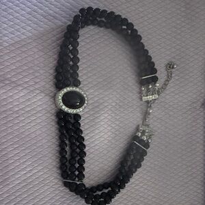 Black Beaded Triple-Row Bracelet with Center Oval Accent